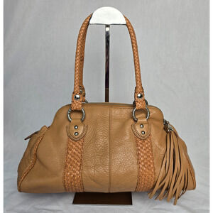 Elliott Lucca Satchel Hobo Tassel Bag Soft Tan Leather Weaved Handles & Trim